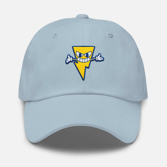 Sparky Cap — light blue dad hat with embroidered lightning bolt patch, front view