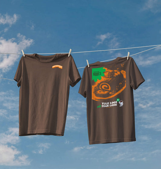 Yule Logs Forever T-Shirt — back with full Yule Logs scene print